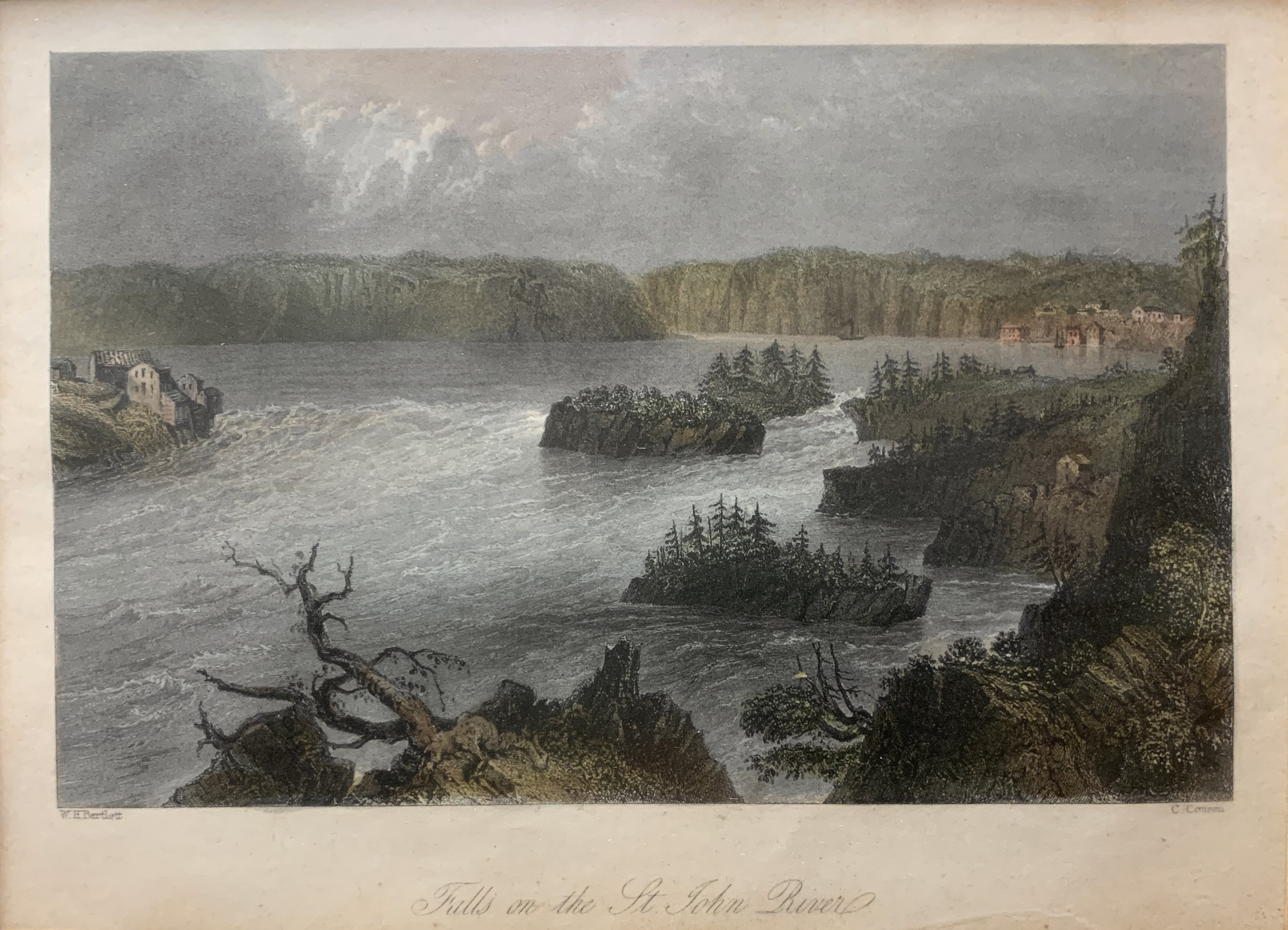 William Henry Bartlett (1809–1854) -Falls on the St. John River(engraved by C. Cousen, printed in 1840's), hand coloured engraving, 6 x 8 inches (12.5 x 15 framed), $250.jpg