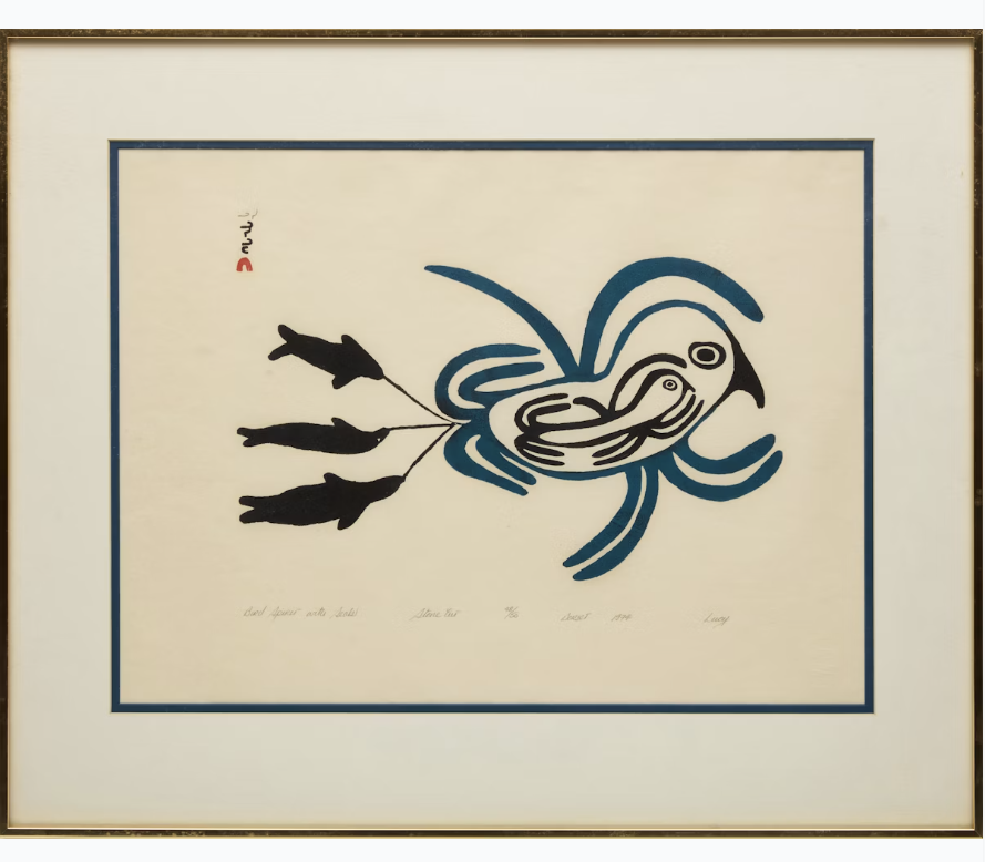 Lucy Qinnauyuak - Bird Spirit with Seals (1974) (in frame).png