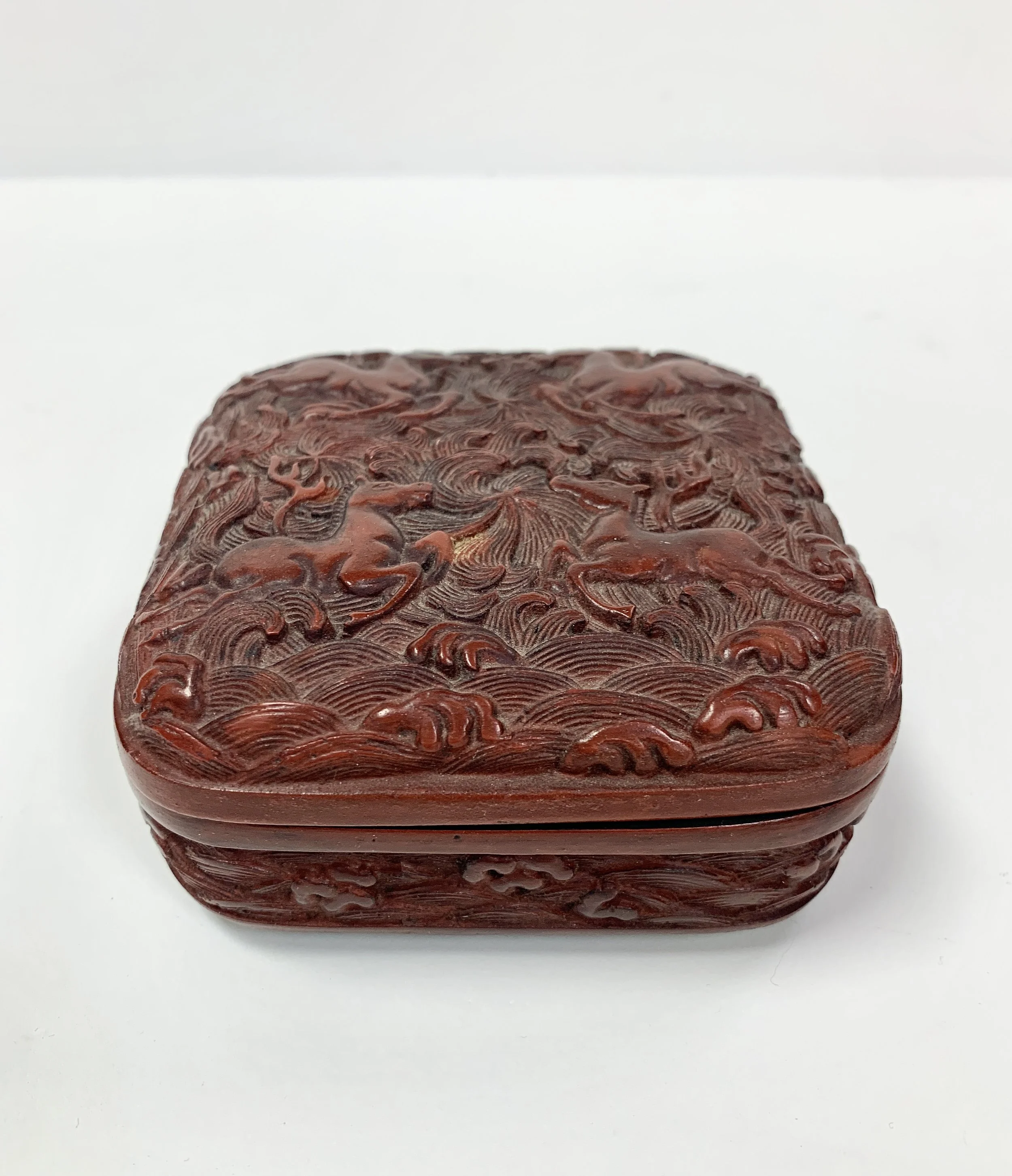 Vintage Carved Cinnabar Lidded Box with Horse Design