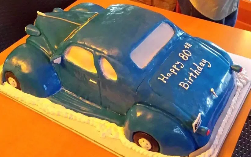 37 Chevy coupe car, custom made cake, for bill's 80th birthday, made by neil freitas.