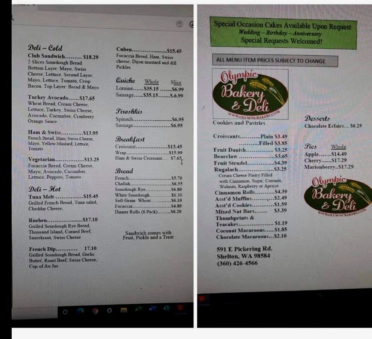 Menu — Olympic Bakery