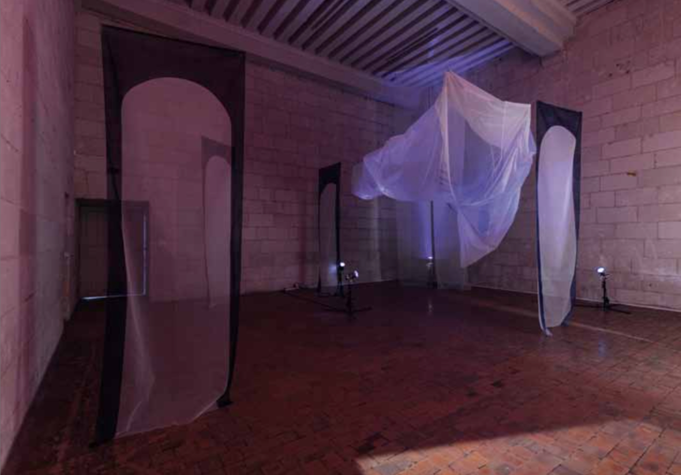 C’est peut-être ce que vous croyez , joint work with Sabrina Kenifra, 2016-2017, 500cmx 500cmx 600cm, organza, acrylic paint . The installation C’est peut-être ce que vous croyez , is the result of the meeting between Vinn Feng, young Chi