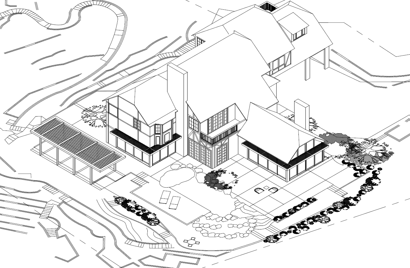 Isometric view of the site showing trellis and awnings in relation to the site.