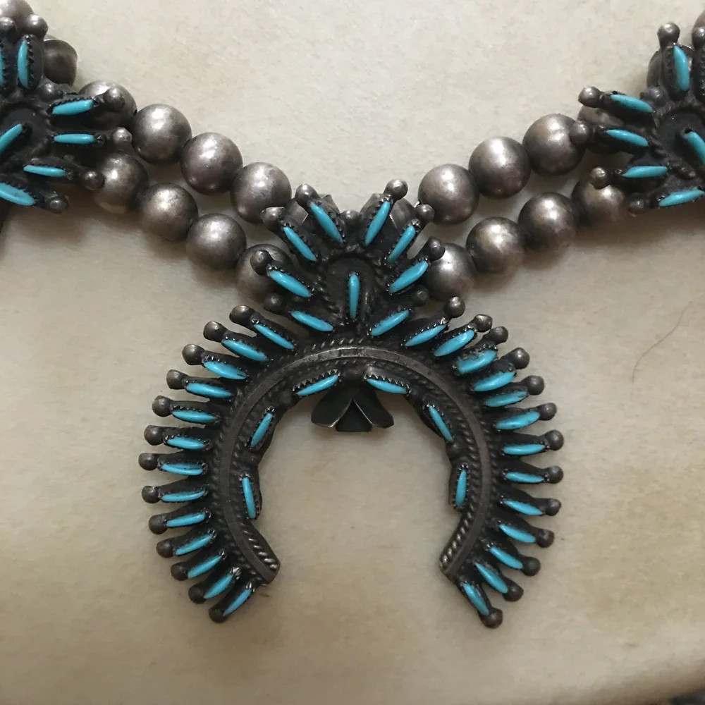 Zuni Needlepoint Turquoise Squash Blossom Necklace — Narnia Vintage