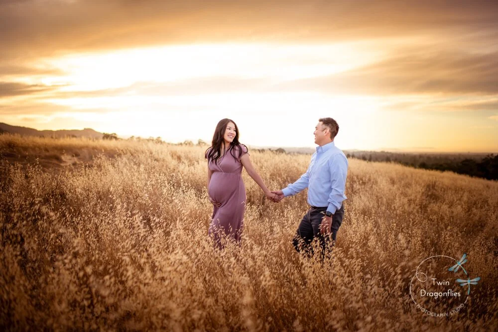 A pregnant woman and a man standing in a field of tall grasses at sunset, holding hands and looking at each other.