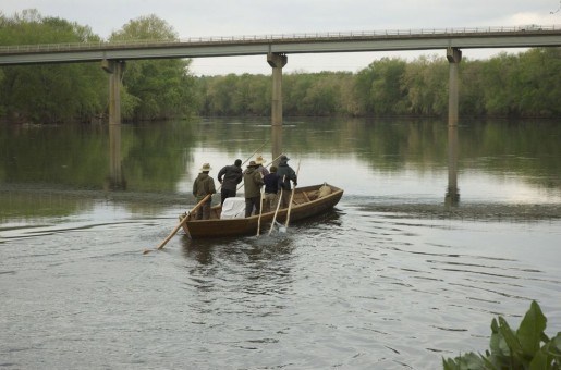Six men in a batteaux retrace John Marshall’s historic expedition up the James River in Virginia | Image credit: Holt Messerly