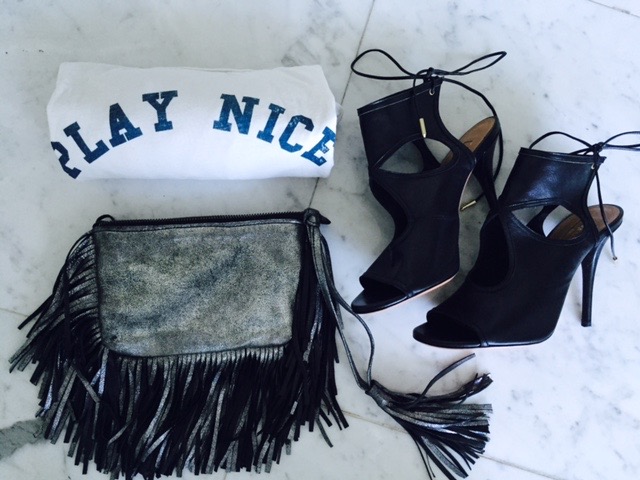 How happy was I to get home and unwrap my enshalla fringe pouch, Aquazzara Heels, and my PLAY NICE T SHIRT- MOTHER DENIM / PLAY NICE CAMPAIGN Thank you Norma and Nicloe for a perfect afternoon of shopping and lovely conversation. I can't wait to come back and shop and see you both! GRATEFUL