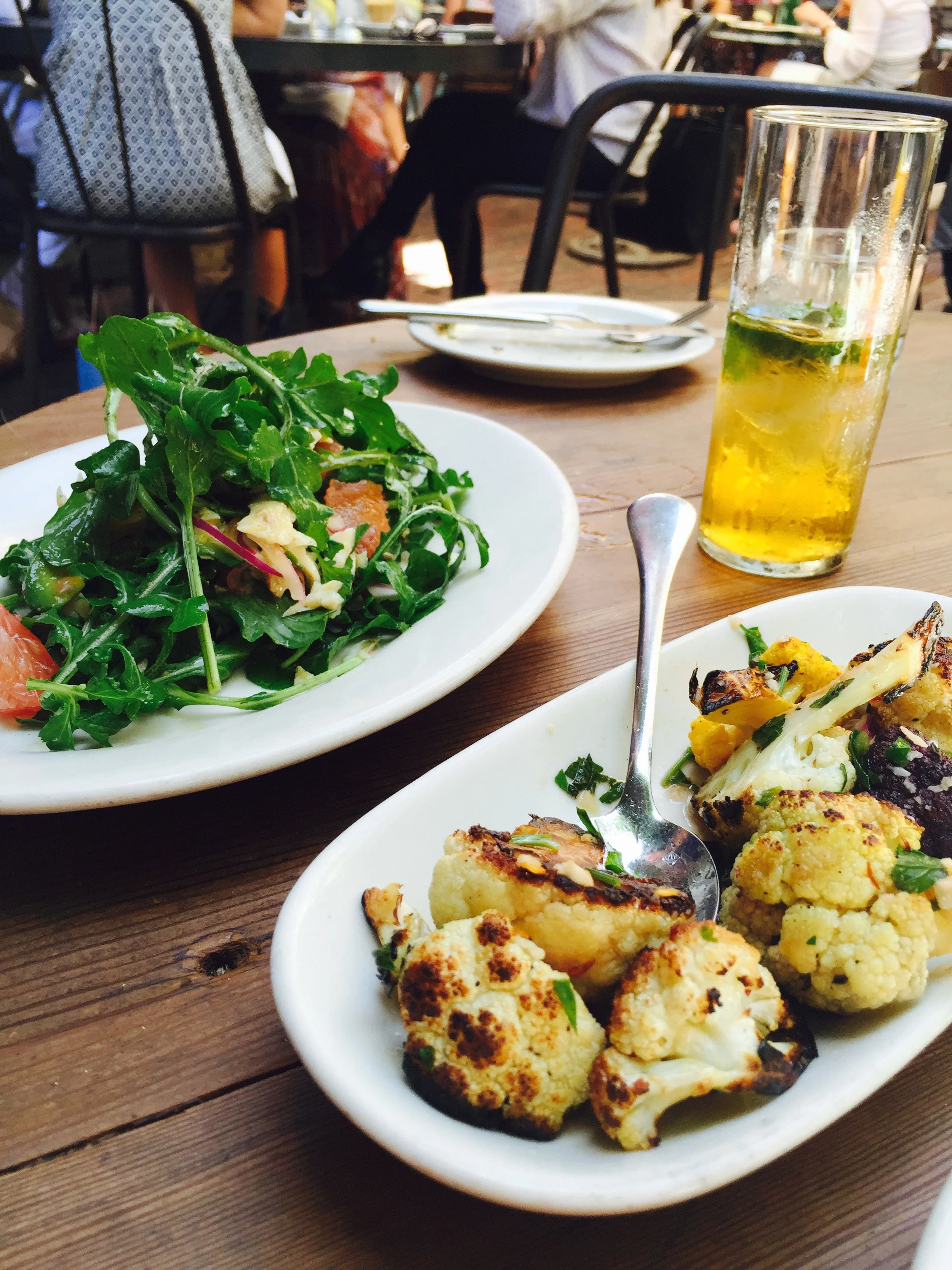 Roasted Cauliflower, Arugula Salad - organic and fantastic. Open everyday 8am-midnight.
