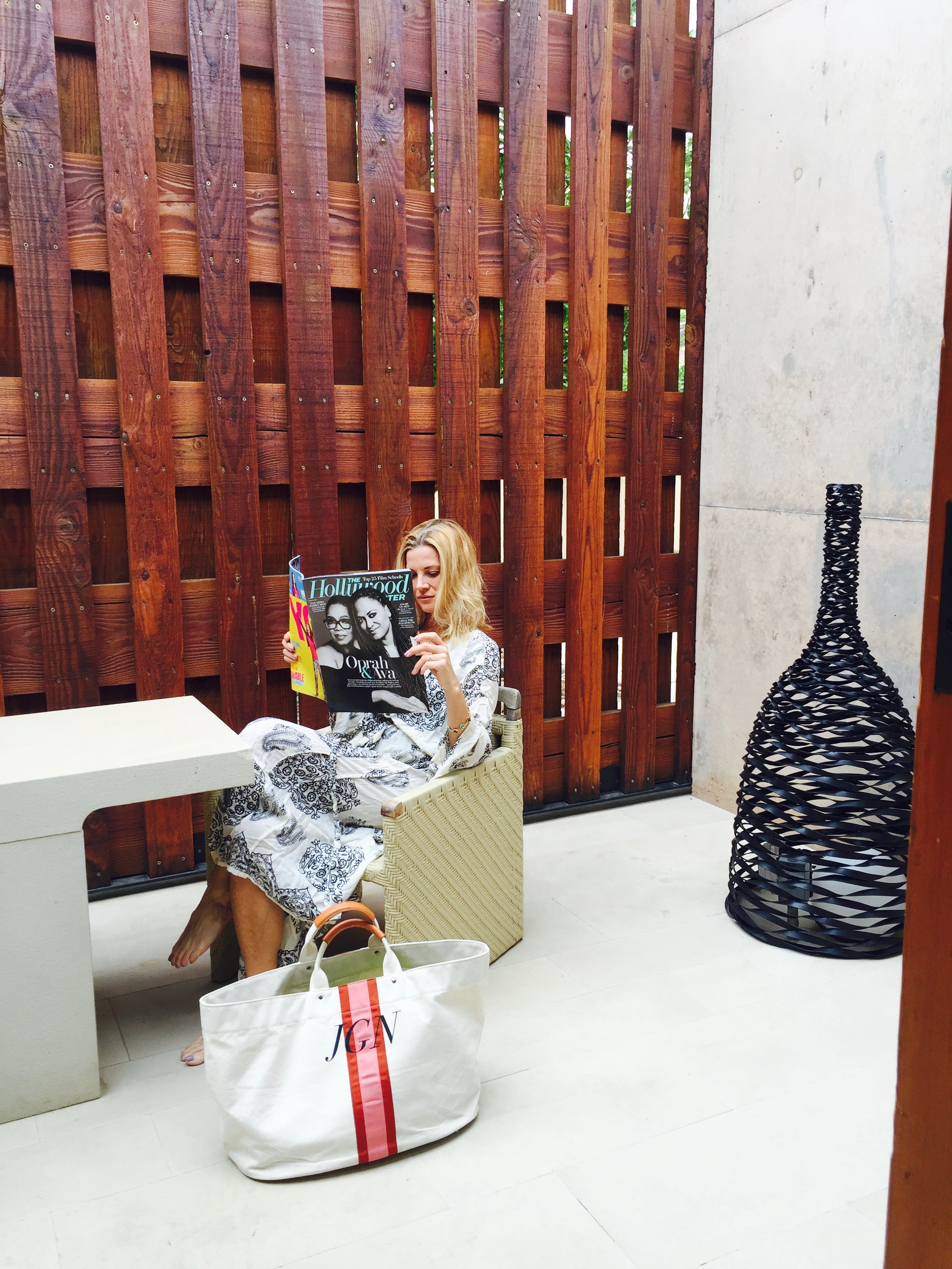 Seating area at the front door of your room. Jana Feifer Tote Kimono by: Everelse Designs
