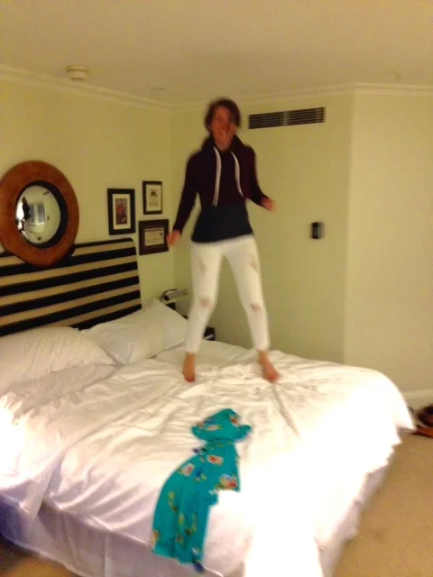 Hotel beds are great for jumping on