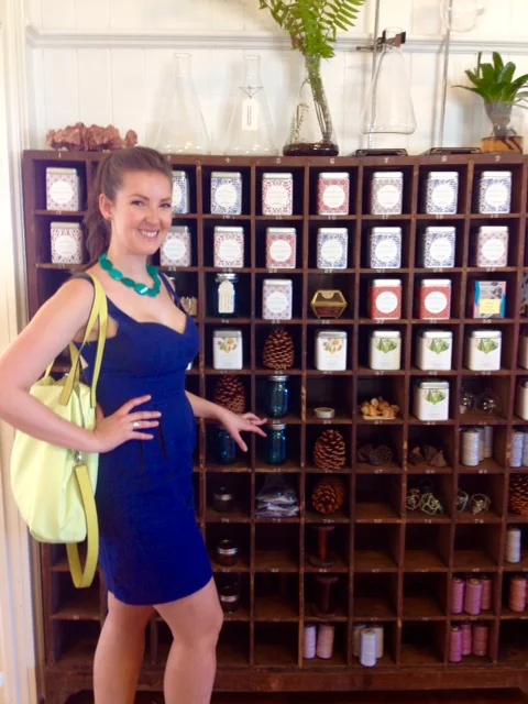 Posing with tea (in a favourite second-hand dress I purchased at ReFashion Vancouver)