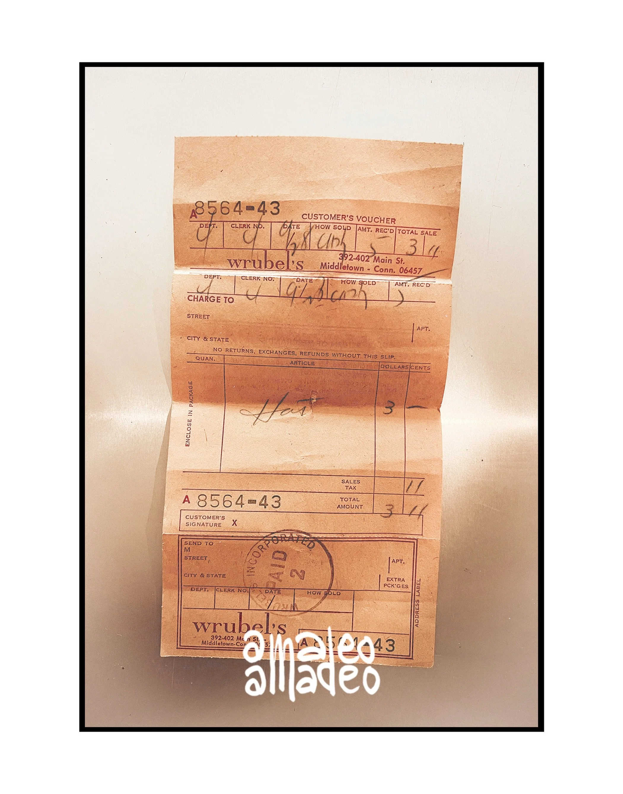 My grandmother kept this receipt from Wrubel&rsquo;s department store in Middletown, Connecticut. A hat: $3.00. Sales tax: 11&cent;. Total: $3.11.

Wrubel&rsquo;s was founded on Main Street in 1900 by Isaac and Regina Wrubel and remained a Middletown