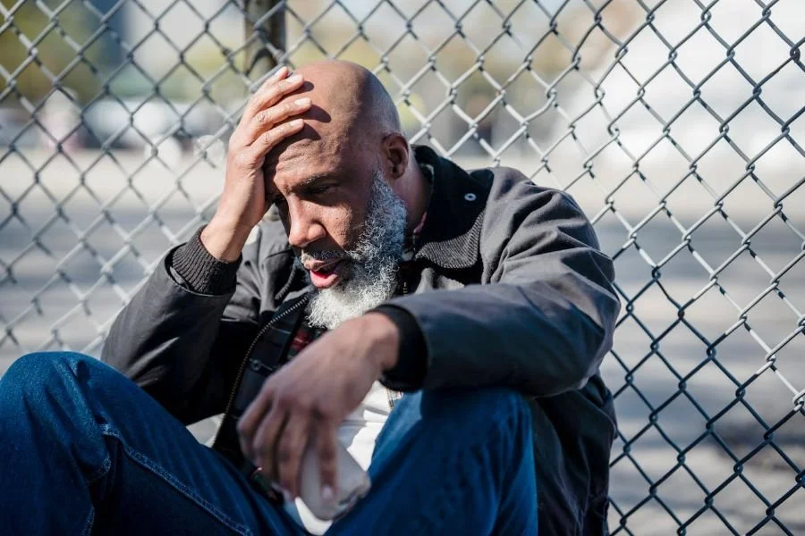 Man sitting against fence with hand on his forehead