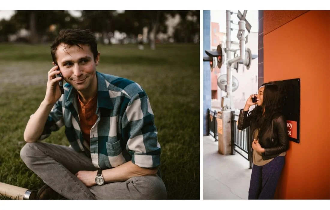 Male and female talking on the phone in split screen at different locations