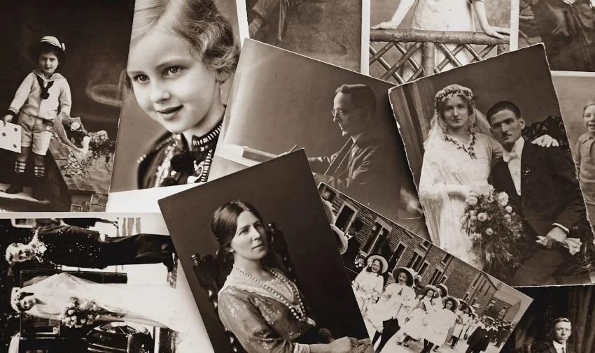 a collection of family pictures laying on top of each other