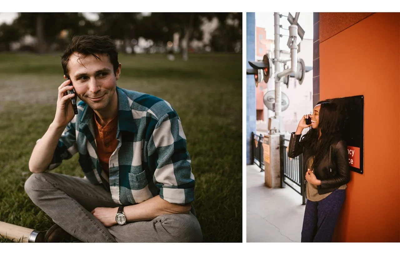 Man and woman talking on cell phones in different places