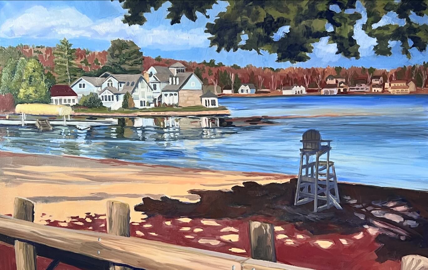 Freshly finished. 
This 24x36 oil on canvas has been on my easel for a while inching closer and closer to completion. 
This is Crystal Lake in #ellingtonct in the fall. A special spot that is usually a buzz in the summer but has unbeatable autumn vie