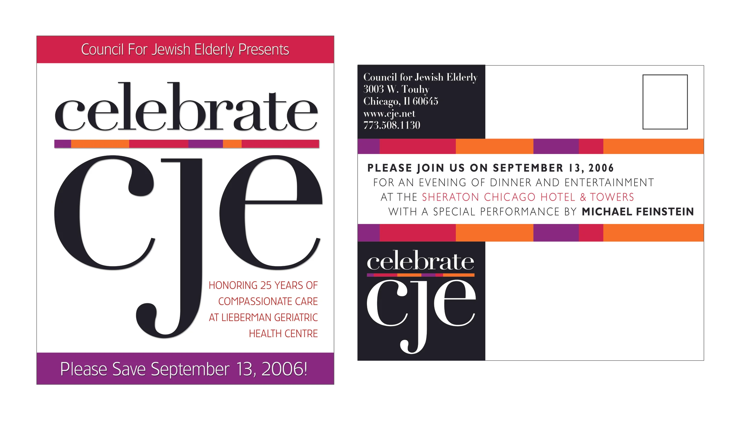 Original design for annual fundraising gala invitation for celebrate CJE - Council for Jewish Elderly.