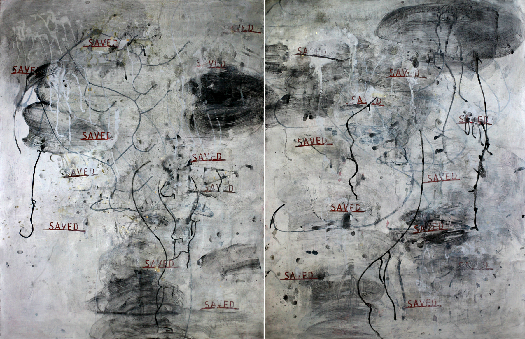 Saved, 50" x 64", acrylic and paste on paper, Diptych