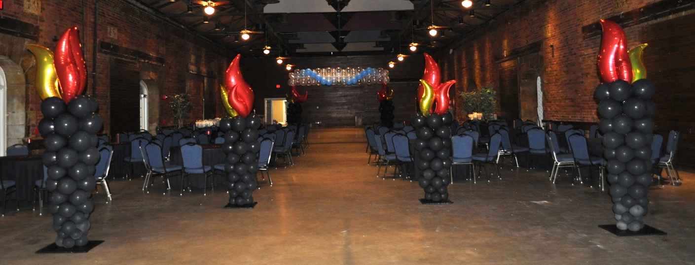 Fire and ice themed prom balloon decor fire side
