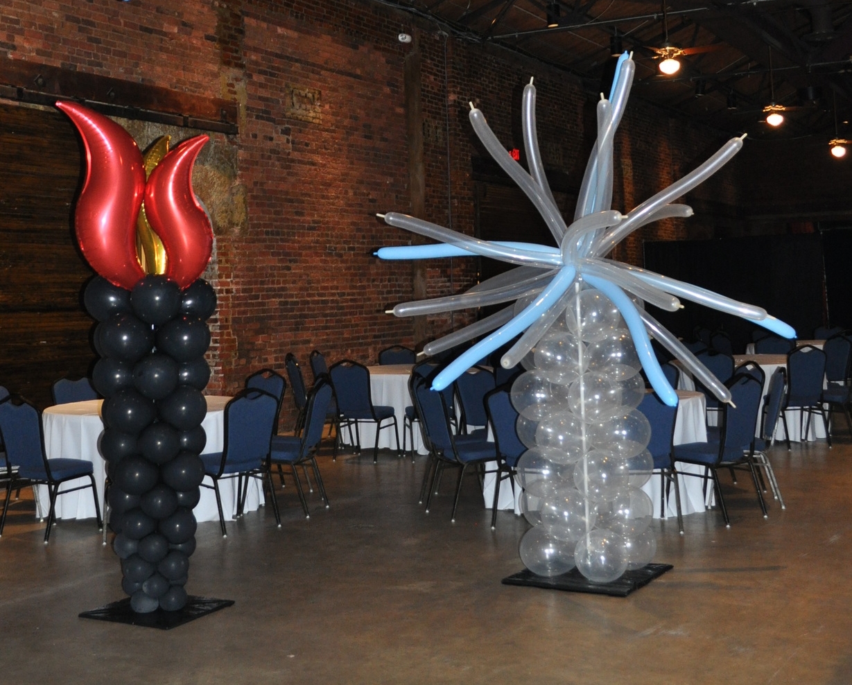 Fire and ice themed prom balloon columns