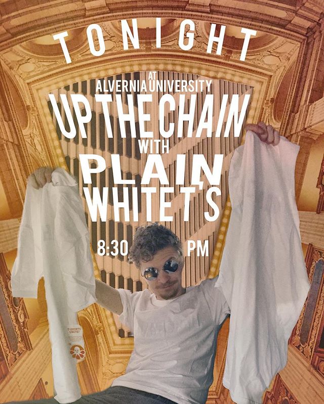 Tonight we get to share the stage with @plainwhitets at @alverniauniversity Come get your UTC patent pending, &trade; ready, &copy; aware, &reg;, white on white T shirts. Talk to the #vchill @peachlevine and she'll give ya a good deal!