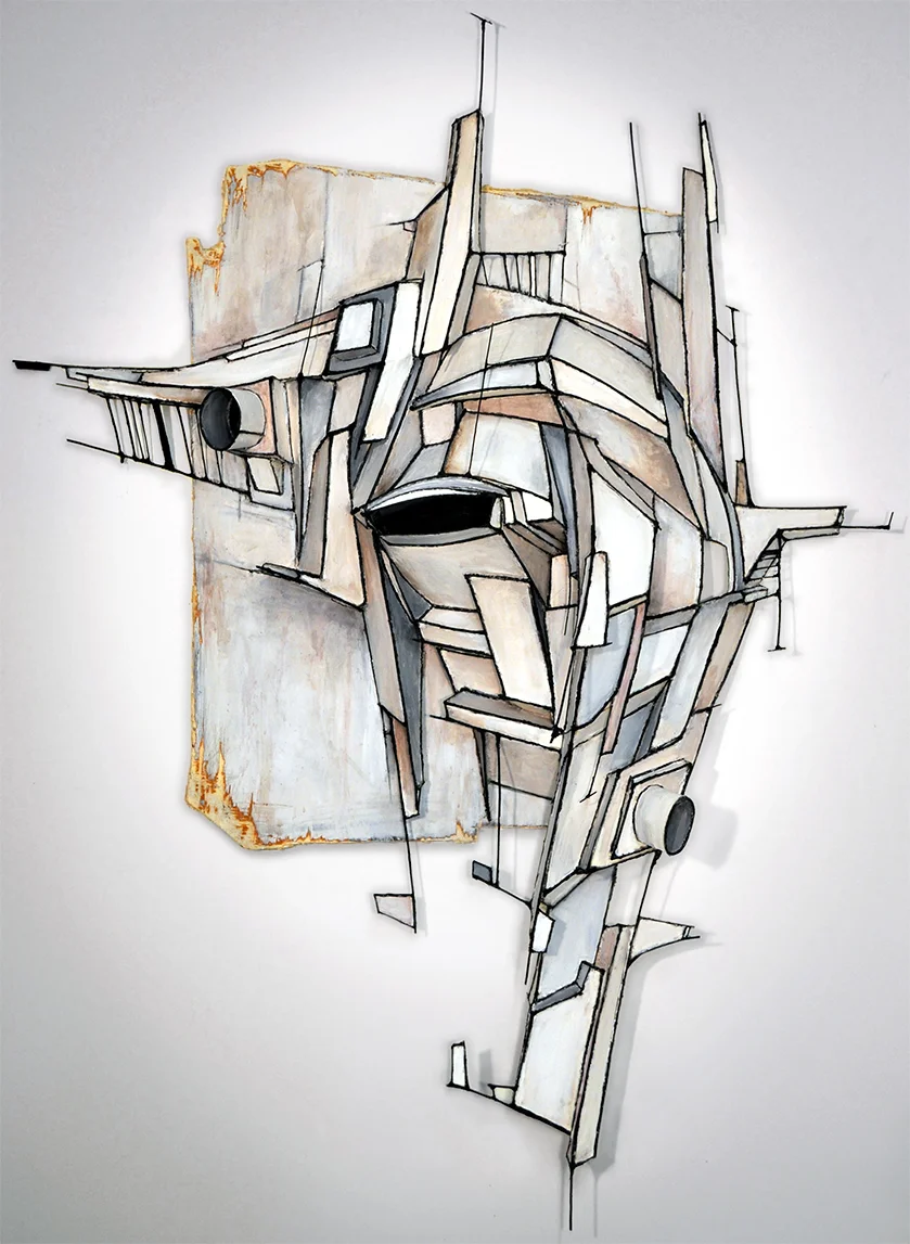 ATREBAS | PAPERBOARD &amp; WIRE RELIEF, ACRYLIC ON WOOD | 58" X 43" X 11"