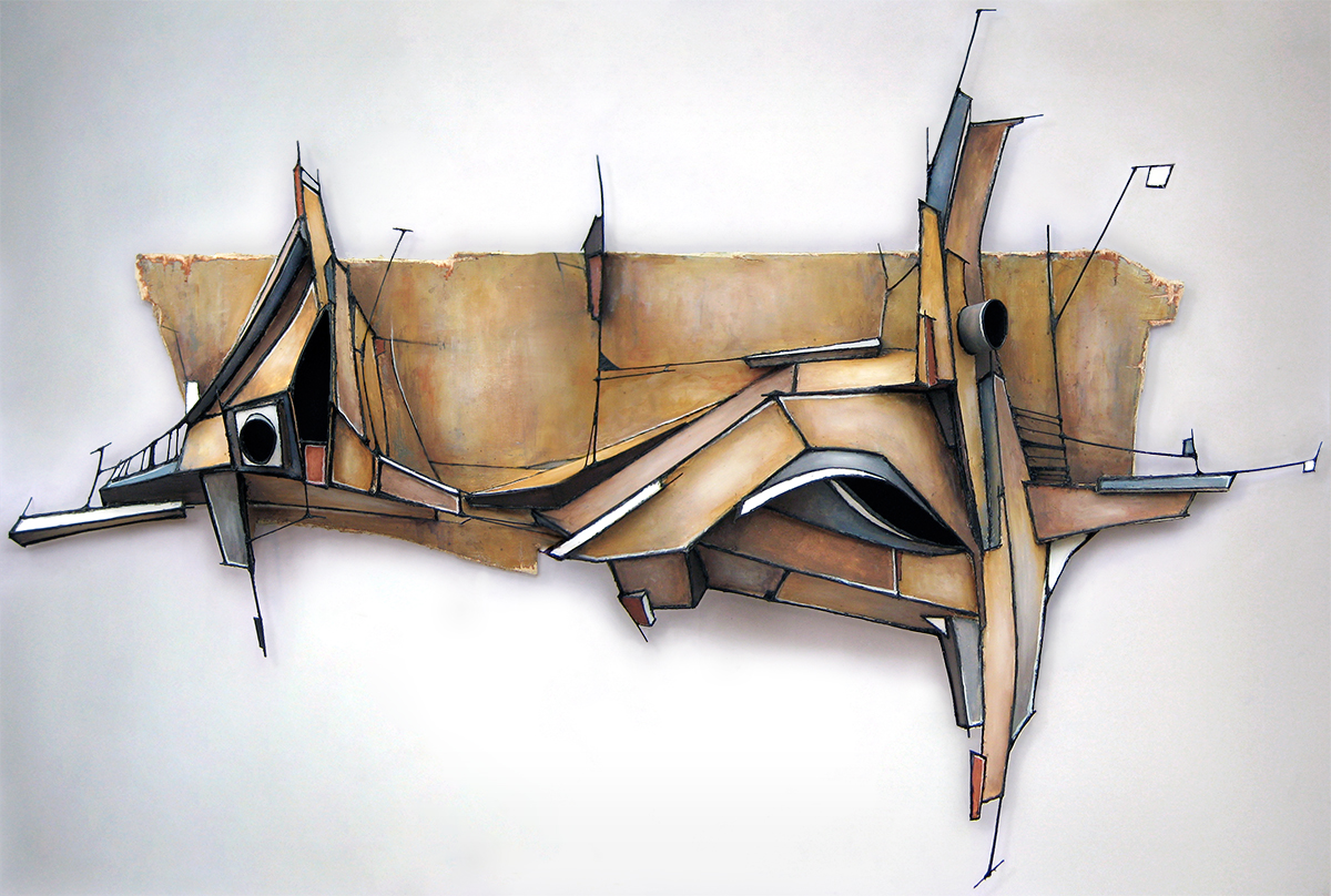 PHYDRAH | PAPERBOARD &amp; WIRE RELIEF, ACRYLIC ON WOOD | 39" X 60.5" X 7.5"
