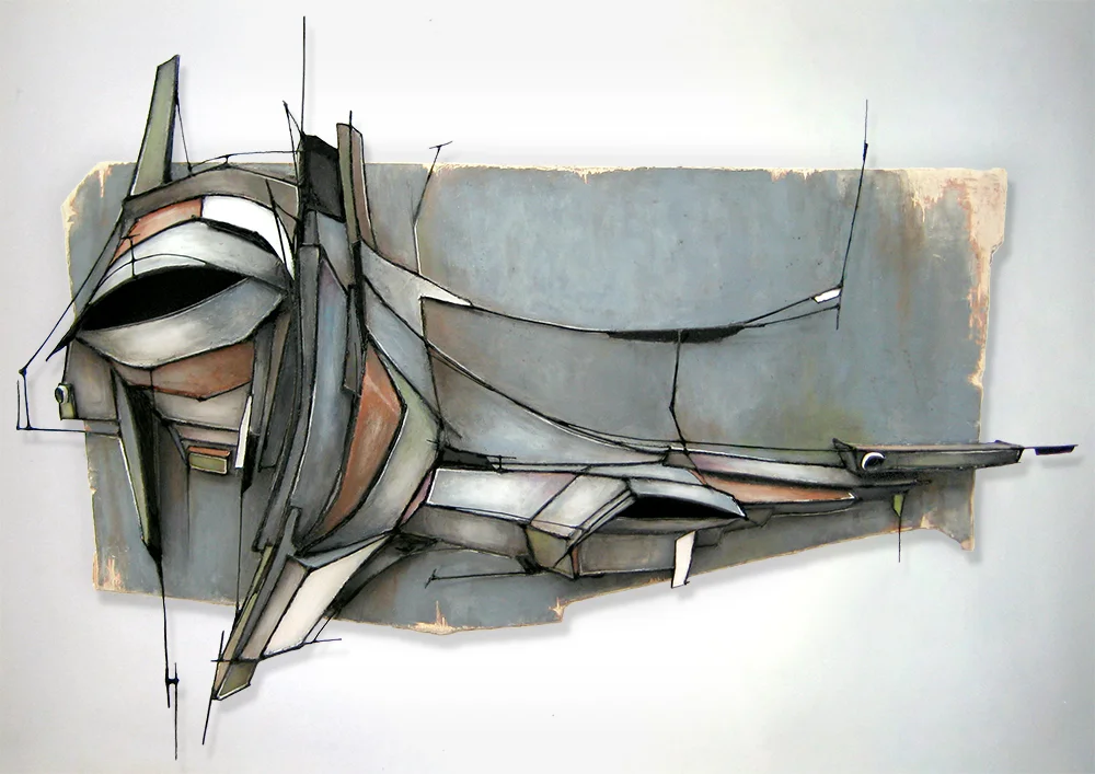 UNRUH | PAPERBOARD &amp; WIRE RELIEF, ACRYLIC ON WOOD | 36" X 51" X 10"