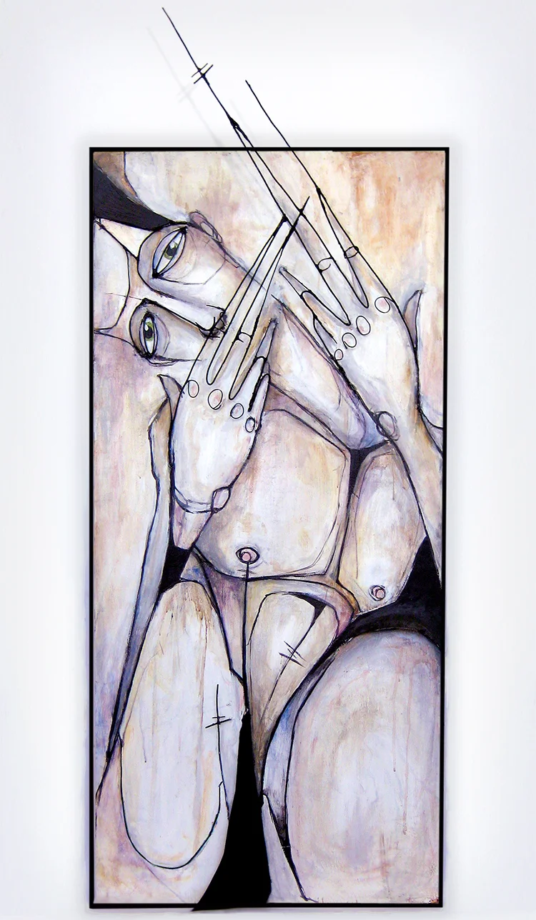 WAITING GUARD | WIRE &amp; METAL RELIEF, ACRYLIC ON WOOD | 56" X 22"