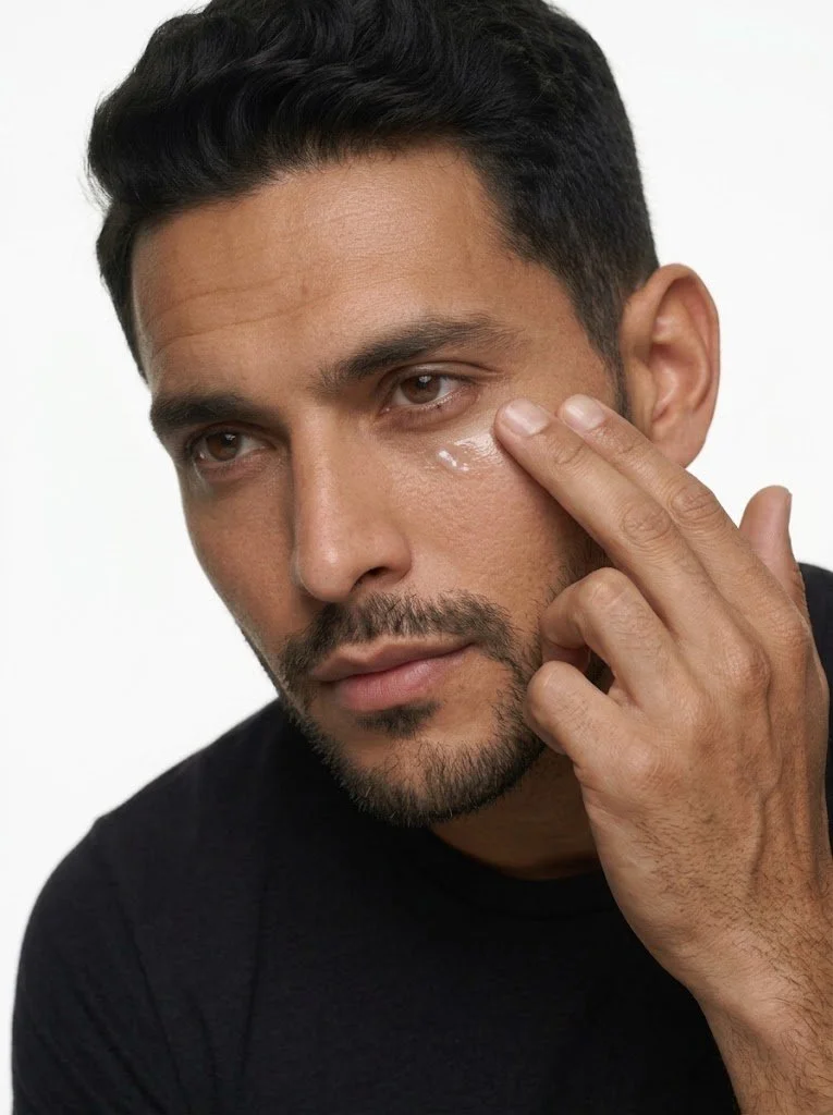 Man tapping chilled eye cream under his eyes with his ring finger.