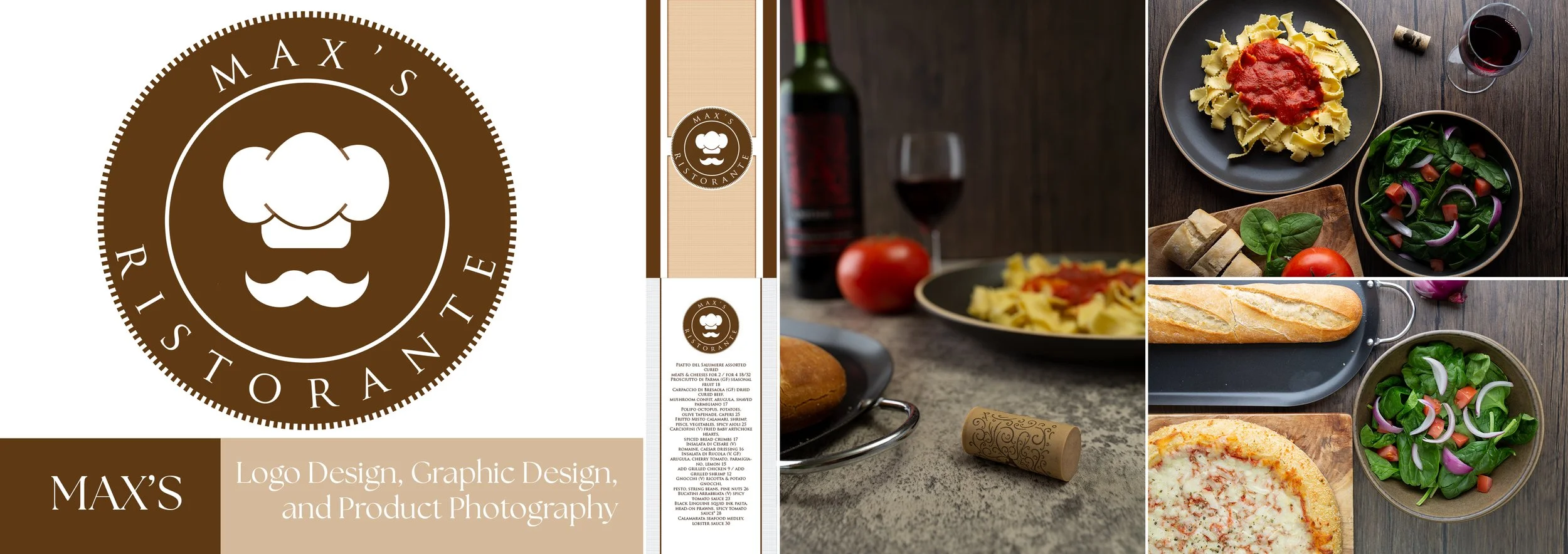 A collage of a restaurant logo and photos of Italian food including pasta with tomato sauce, a fresh vegetable salad with spinach, onions, carrots, and tomatoes, a bowl of spinach salad, and a pizza with cheese and tomato sauce, along with a baguette and a glass of red wine.
