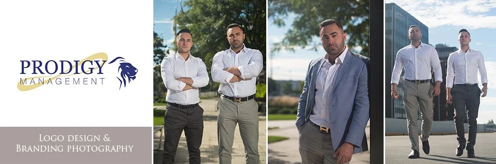 Group of professional men in business attire outdoors near modern office buildings, with a Prodigy Management logo and text indicating logo design and branding photography.