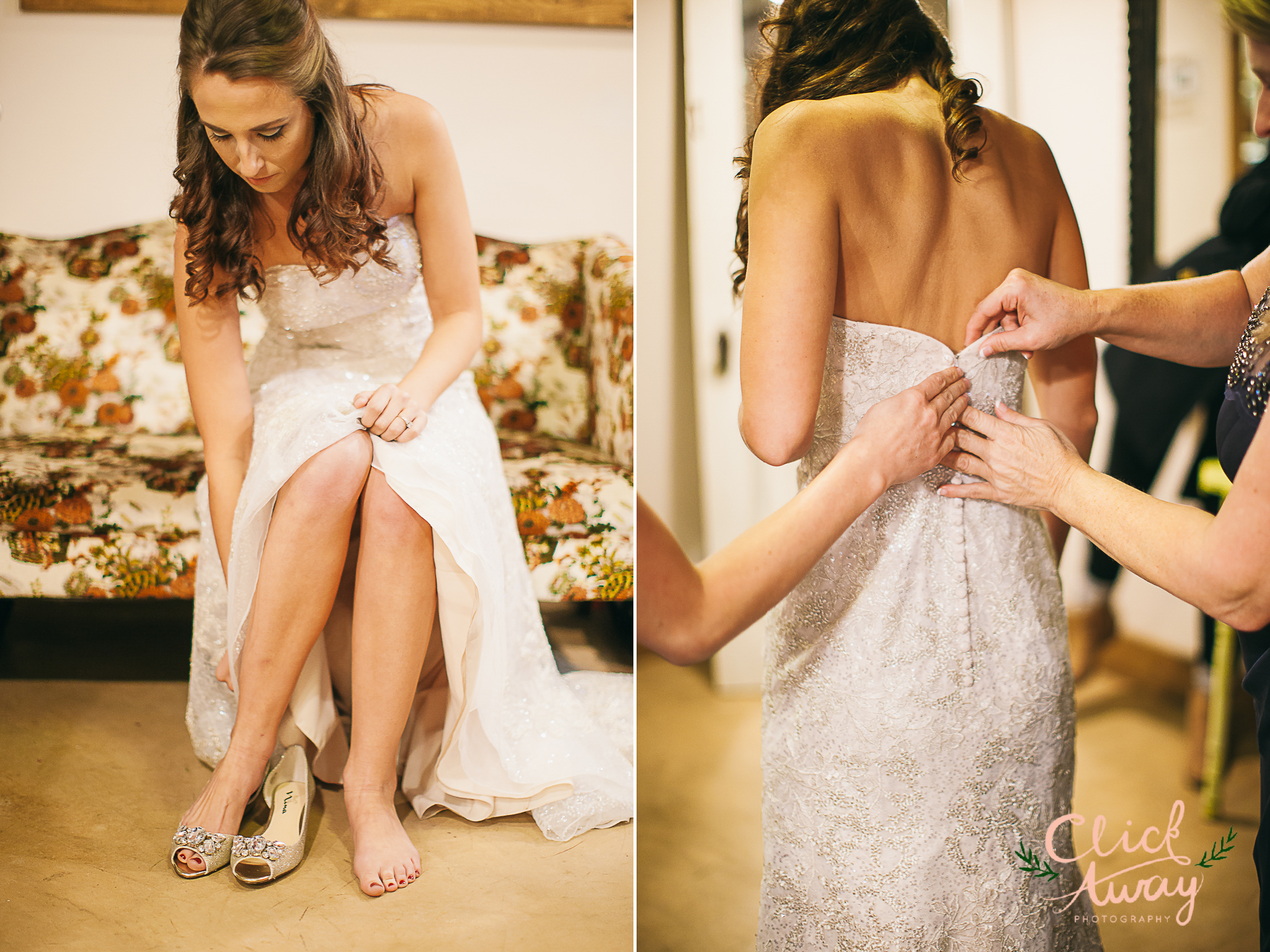 bride putting shoes on and getting dress on