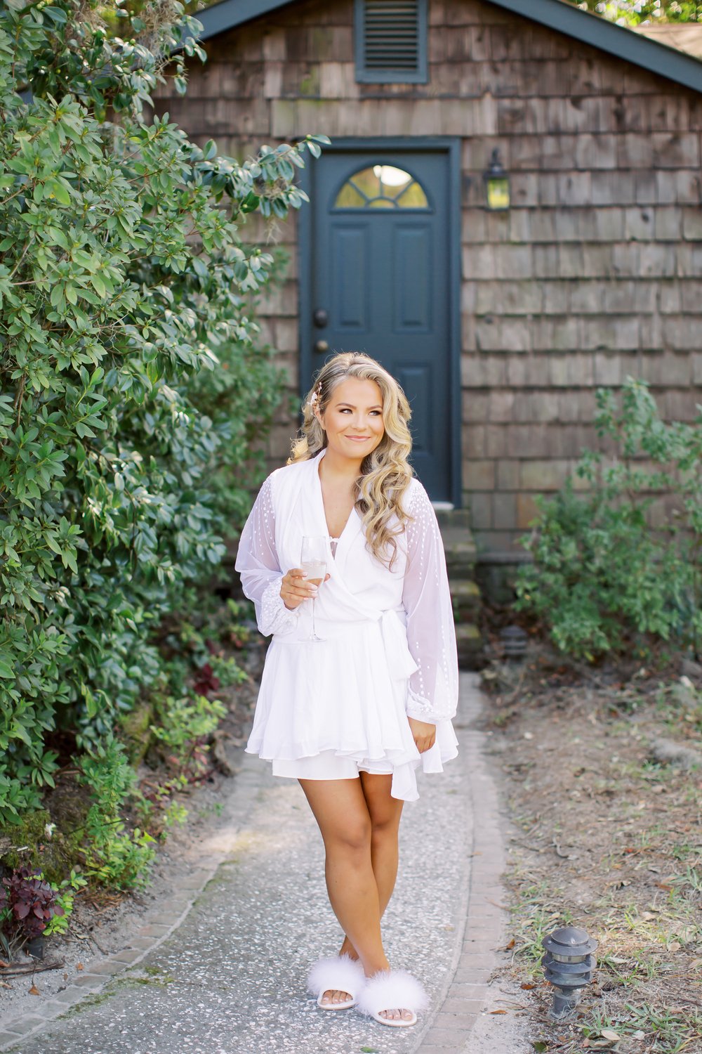 Bride with Champagne Getting Ready outfit