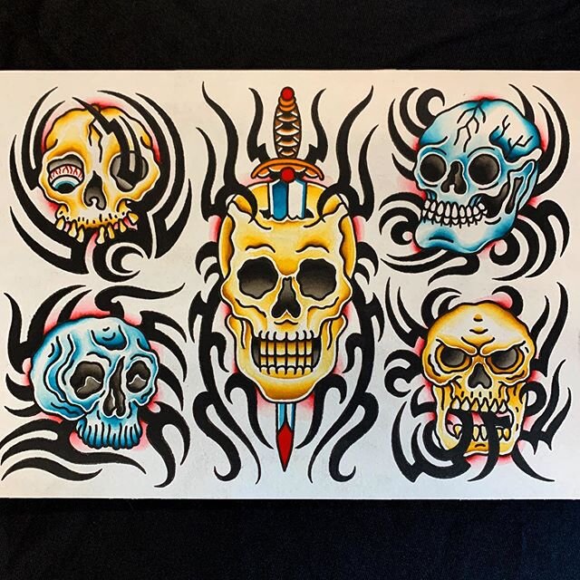 New sheet for the walls @shinkotattoo All guaranteed to make you look 30% more rad. Tribal skulls are sick, you can&rsquo;t change my mind. Come get one tattooed 🙏