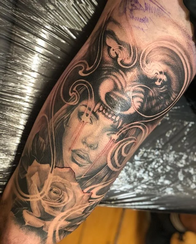 In progress. Some fresh/some healed. Terrible photo. Almost through this thigh piece for Ash. I want to point out Ash is a footy player with massive thighs, in addition to being a fine young man and excellent client. Love this style, love Ash, love b