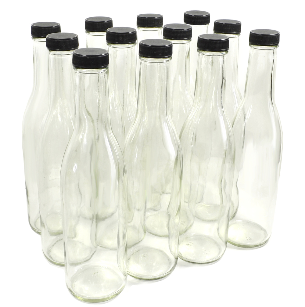 Clear Glass Woozy Bottles, 5 Oz with Red Caps and Shrink Bands — nicebottles