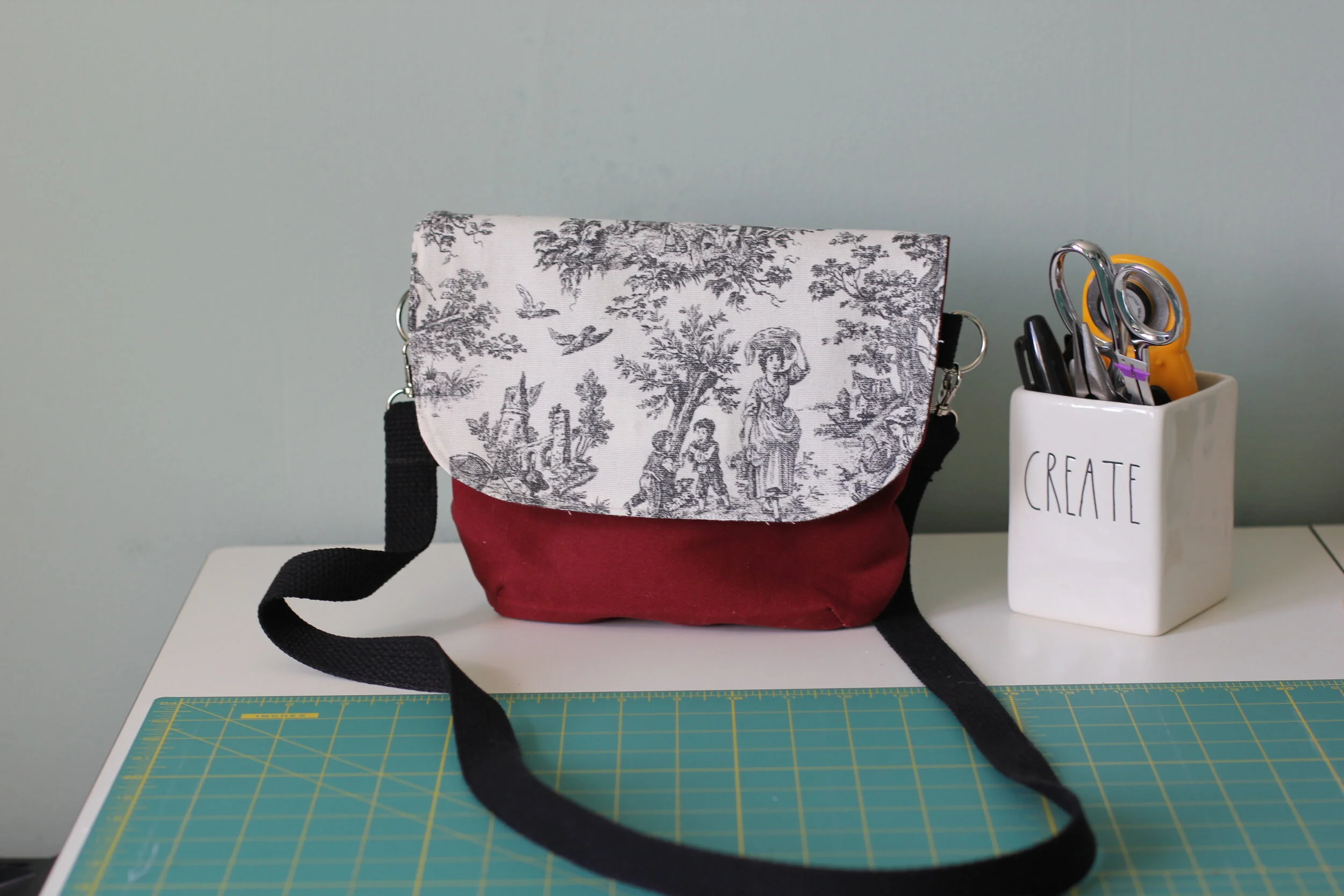 Toile and Maroon Crossbody Messenger Purse