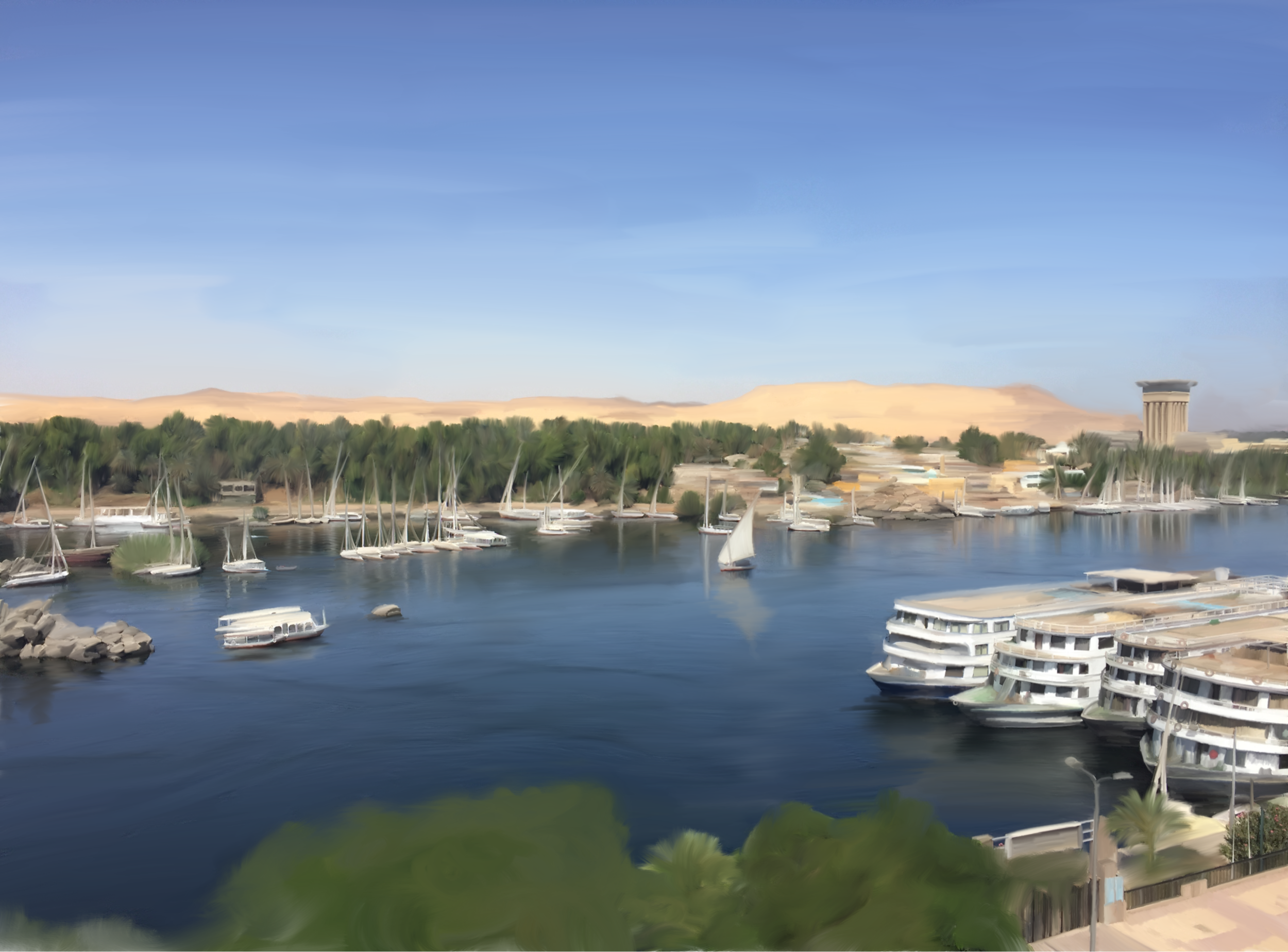 The Nile from The Nile Hotel, Aswan. Digital oil painting.