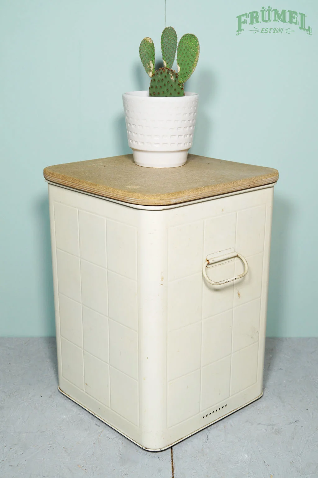Kleine witte koelkast met een houten deksel, daarop een witte pot met een cactusplant, tegen een lichtblauwe muur.