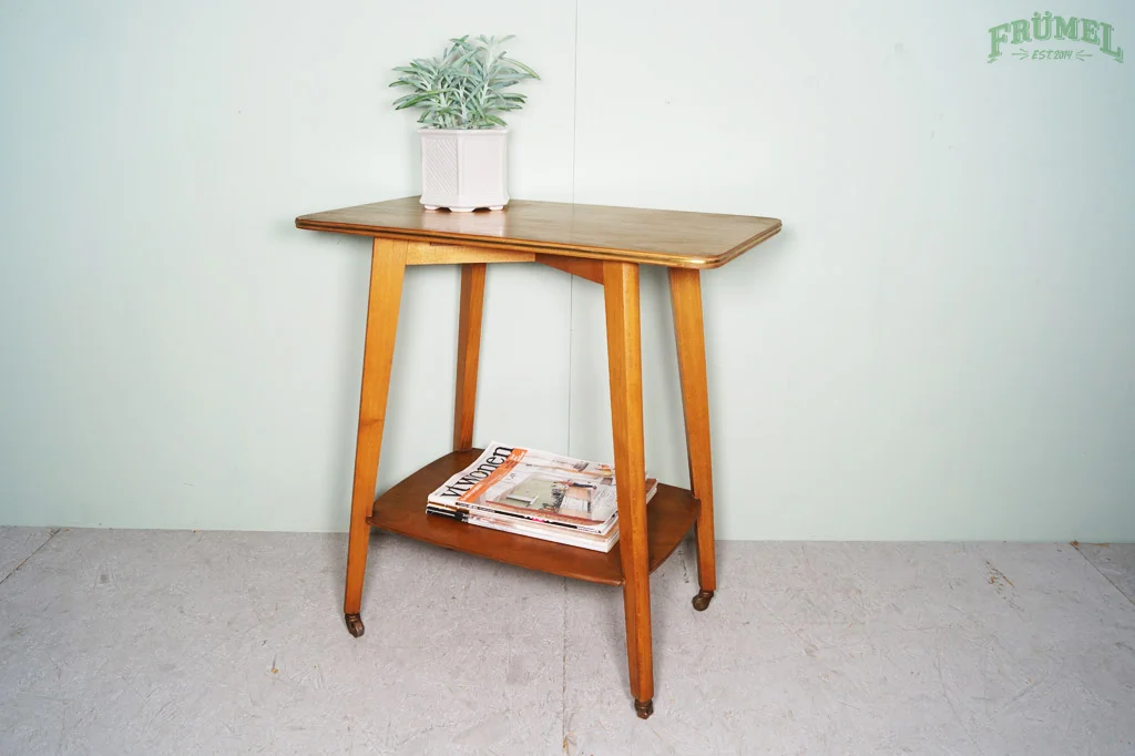Een houten bijzettafel met een witte plantenpot en een plant op de bovenkant, en tijdschriften op de onderste plank, voor een lichtgroene muur.