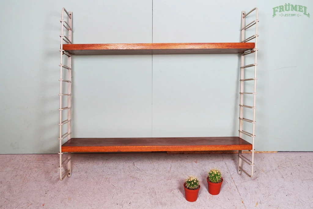 Een muurrek met twee houten planken en een ladderachtig metalen frame, geplaatst op een muur. Onder het rek staan twee kleine cactusplanten in rood potten.
