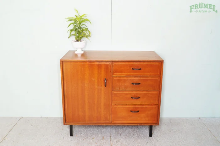 Een houten dressoir met vier laden en een kastdeur, met een groene plant in een witte pot erop, voor een lichte muur met een groene 'FRÜMET' tekst.