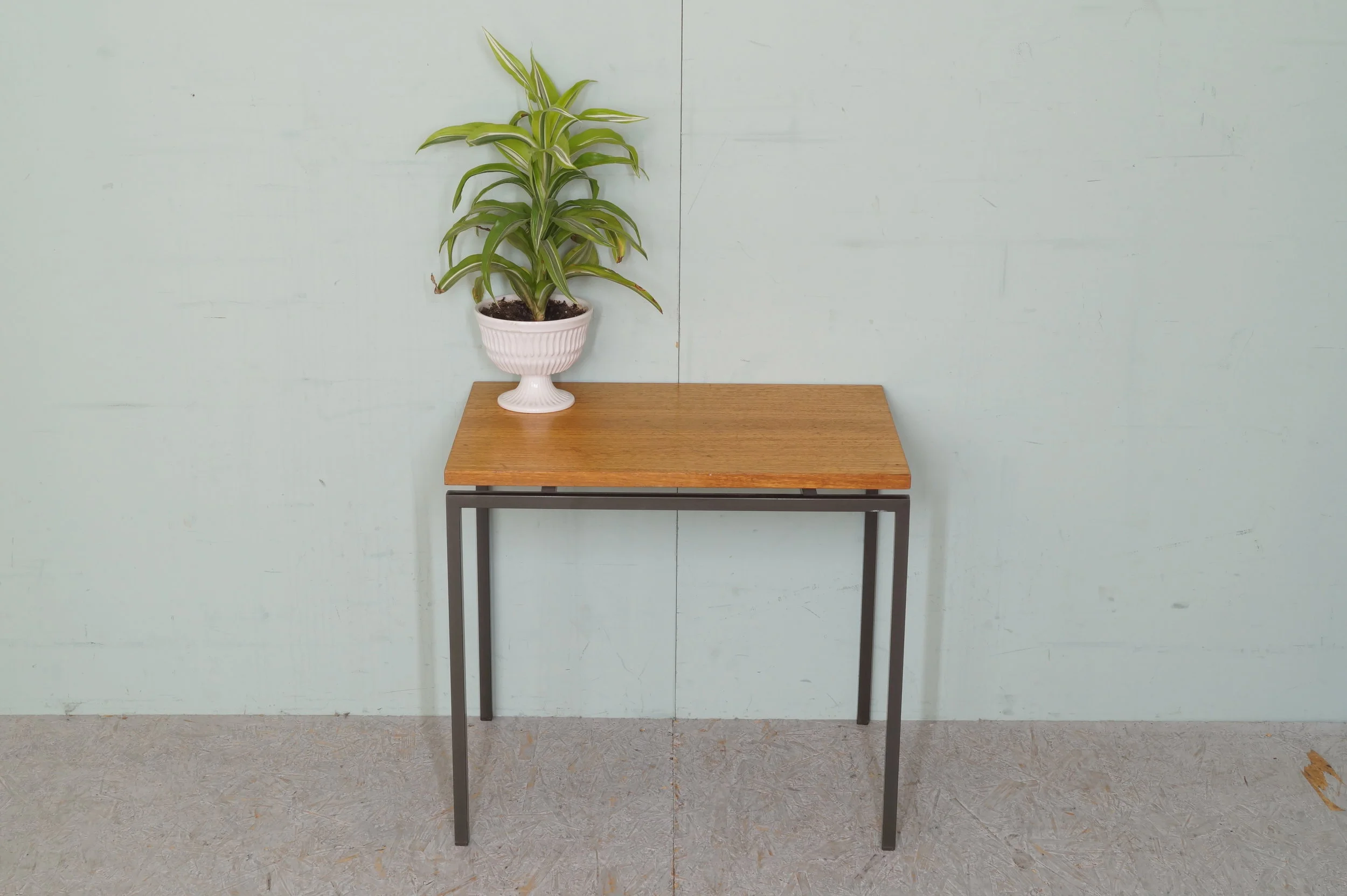 Een kleine tafel met houten blad en metalen poten, met daarop een groene plant in een witte pot, geplaatst tegen een licht groene muur.