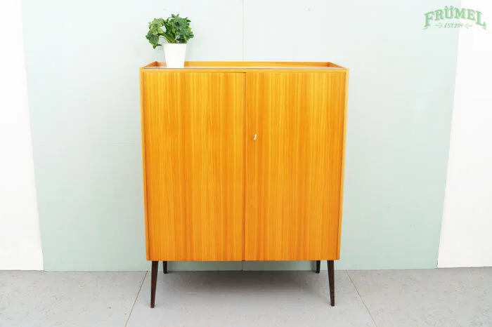 Een houten kast met twee deuren en een potted plant op top