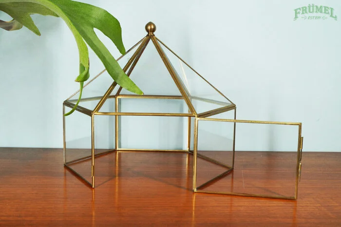 Gouden glazen kas met open deur op een houten tafel, met een groene plantblad erboven.