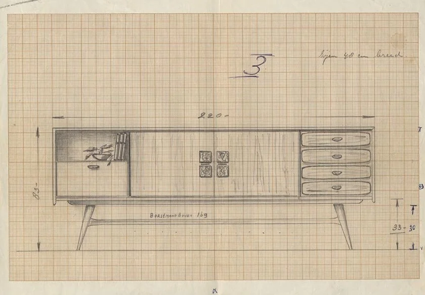 Schets Louis van Teeffelen voor Wébé dressoir ontwerp jaren 50.