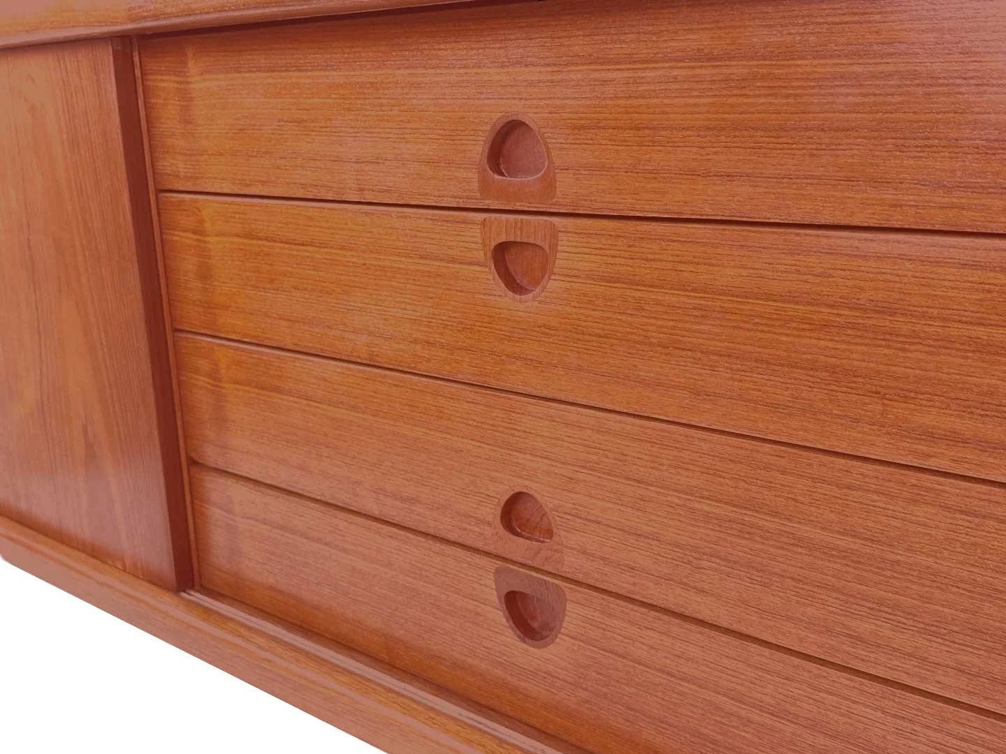 Deens design sideboard van H.W. Klein voor Bramin in teak – close-up lades van mid century dressoir