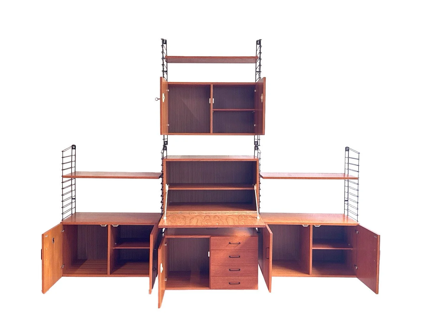 Musterring modular wall unit in teak – cabinet doors open to reveal compartments